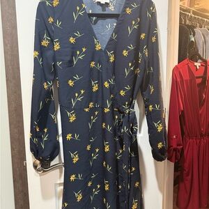 LOFT Navy Long-Sleeve Wrap Dress with Yellow Floral Print